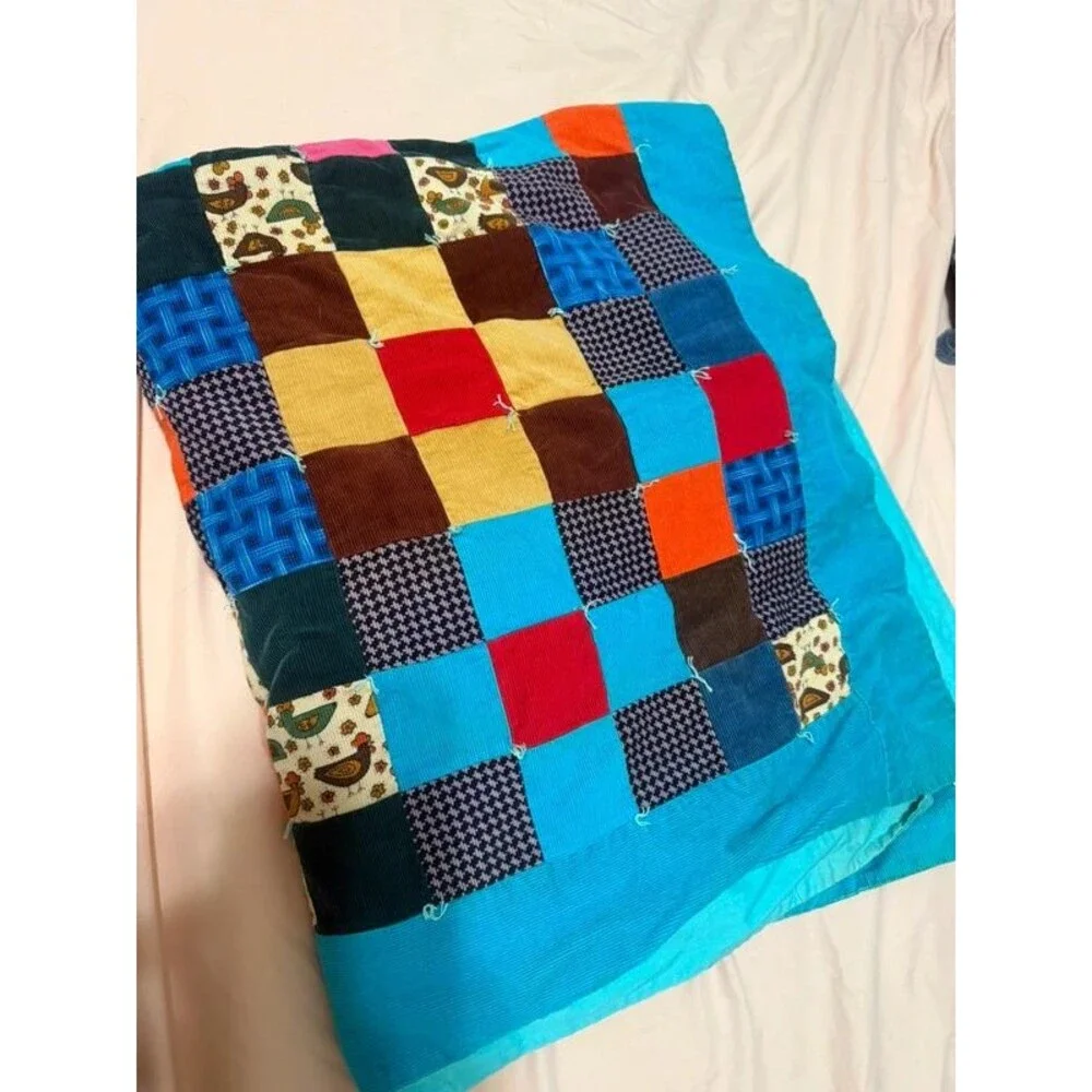 Vintage corduroy cotton twin size handmade quilt